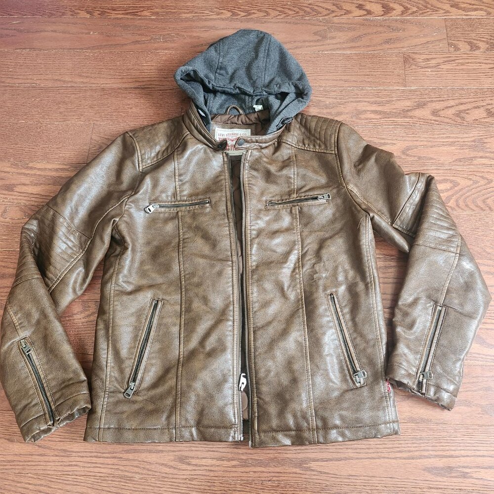 Levi’s Men’s M Brown Faux Leather Hooded Trucker Jacket Quilted Lined